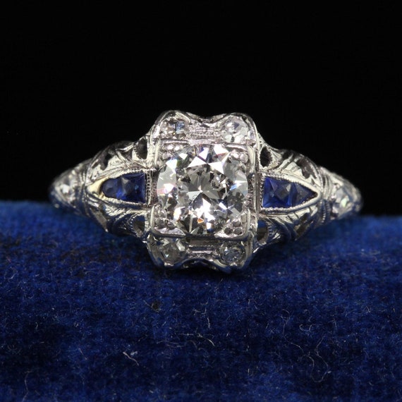 Antique Art Deco Platinum Old European Diamond En… - image 1