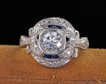 Antique Art Deco Platinum Old European Cut Diamond Sapphire Engagement Ring