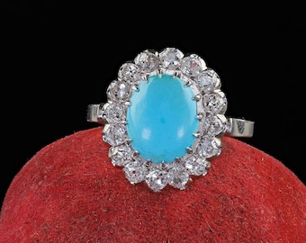 Antique Art Deco Platinum Old Mine Diamond and Turquoise Cocktail Statement Ring