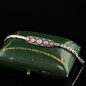 Antique Art Deco 14k Gold and Platinum Old European Diamond Ruby Bracelet