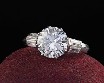 Anel de noivado vintage retrô em platina com diamante e lapidação antiga e baguete - Gia