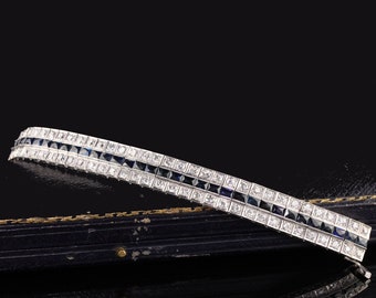 Antique Art Deco Platinum Old European Diamond and Sapphire Line Bracelet