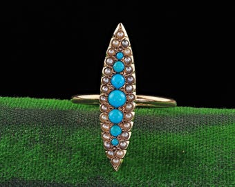 Anillo Navette victoriano antiguo de oro amarillo de 14 k con turquesa y perla de semilla