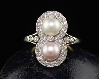 Antique Edwardian 18k Yellow Gold Platinum Natural Pearl Toi Et Moi Ring - Gia