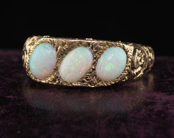 Antique Victorian 12K Yellow Gold Three Stone Opal Engraved Cocktail Ring