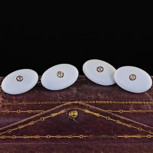 Antique Art Deco 14k Yellow Gold Old Mine Diamond and Enamel Cufflinks