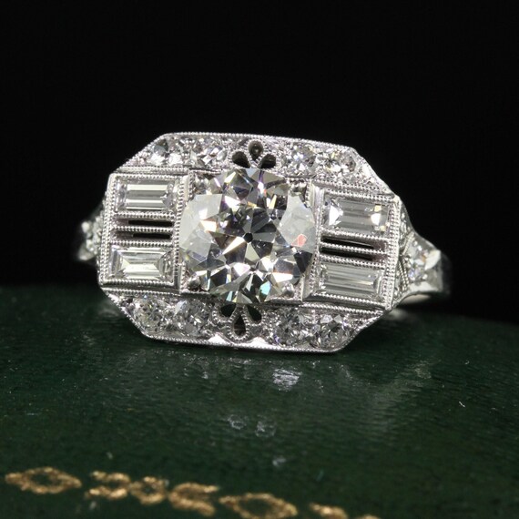 Antique Art Deco Platinum Old European Diamond Filigree Engagement Ring - Gia