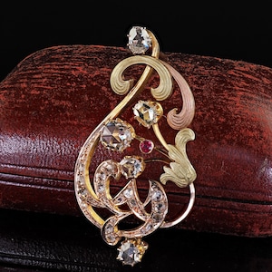 Antique Art Nouveau 14k Yellow Gold Rose Cut Diamond and Ruby Floral Pin Brooch