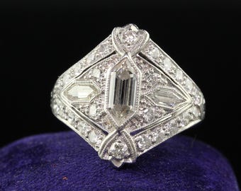 Antique Art Deco Platinum Trapezoid Cut Diamond Cocktail Shield Ring
