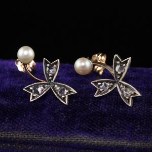 Antique Victorian 18k Rose Gold Rose Cut Diamond and Pearl Floral Earrings