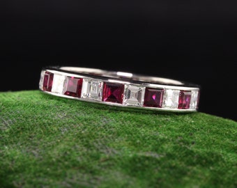 Antique Art Deco Platinum Carre Cut Diamond and Ruby Eternity Band - Size 8.5