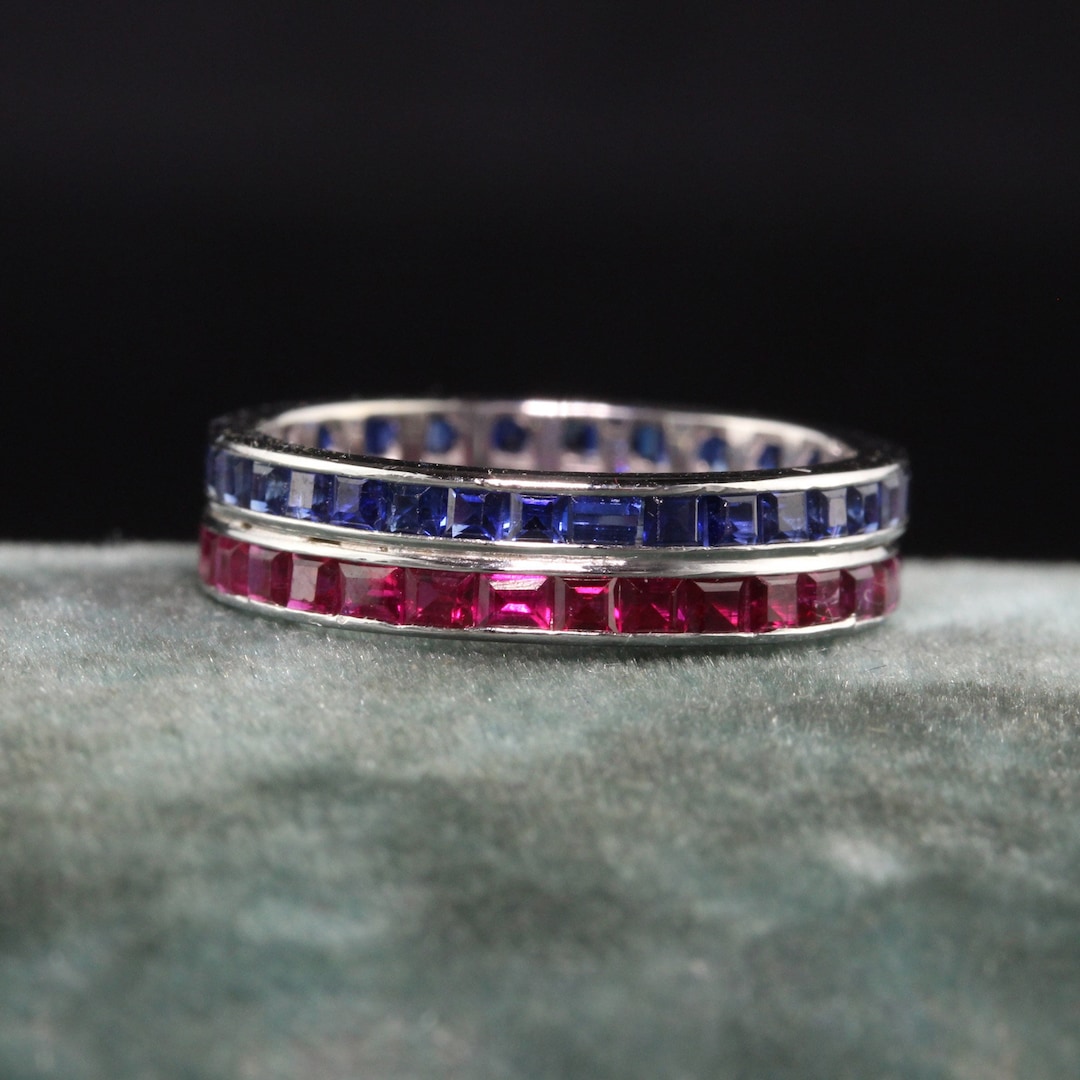 Antique Art Deco 14K White Gold Ruby and Sapphire Eternity Band - Size ...