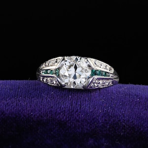 Antique Art Deco Platinum Old Euro Diamond and Emerald Engagement Ring - Gia