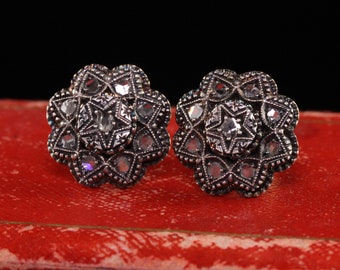 Antique Victorian 14K Yellow Gold and Silver Rose Cut Diamond Flower Earrings
