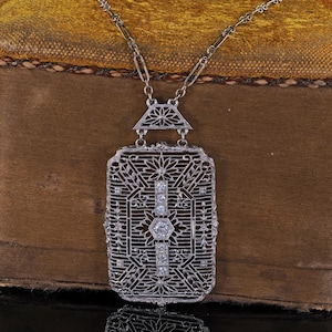 Antique Art Deco 14k White Gold Old Euro Diamond Filigree Pendant Necklace