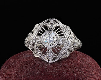 Antique Edwardian Platinum Old Euro Diamond Filigree Engagement Ring
