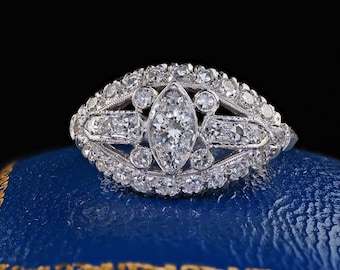 Anillo de platino Art Decó antiguo con filigrana de diamantes de talla única y estilo europeo