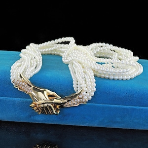 Vintage Estate Carrera Y Carrera 18k Gold Diamond Holding Hands Pearl Necklace