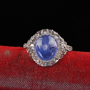 Antique Victorian 18k Gold Cabochon Sapphire Rose Cut Diamond Engagement Ring