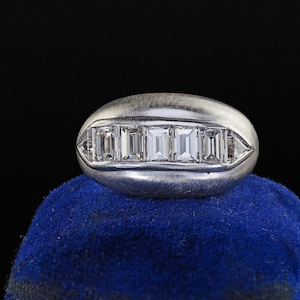 Vintage Retro Platinum Emerald and Trillion Cut Diamond Wide Cocktail Ring