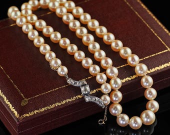 Antique French Art Deco Platinum Old Euro Diamond Akoya Pearl Strand Necklace