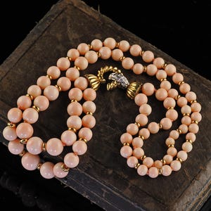 Vintage Estate 18k Two Tone Gold Diamond Angel Skin Coral Double Strand Necklace