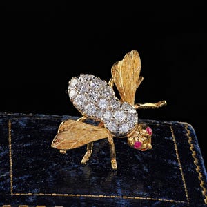 May include: A gold bee brooch featuring a textured body and wings, with a thorax encrusted with round clear diamonds and a head accented by two small red rubies for eyes. The insect-shaped pin displays intricate metalwork and fine gemstone details.