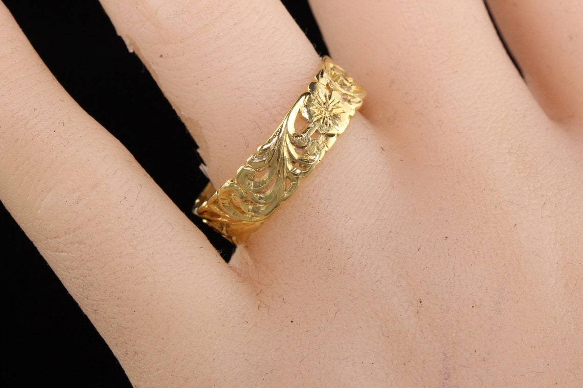Estate Vintage 18K Yellow Gold Floral Engraved Wedding Band Etsy