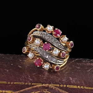 Vintage Estate 18k Gult Guld Diamant Rubin och Pärla Harem Ring - Storlek 7 1/2