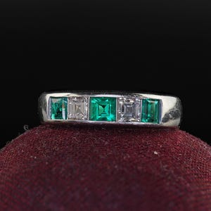 Vintage Retro Platinum Carre Cut Diamond and Emerald Wedding Band