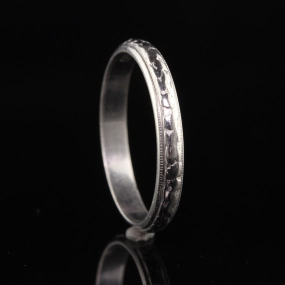 Antique Art Deco Platinum Engraved Wedding Band -… - image 4