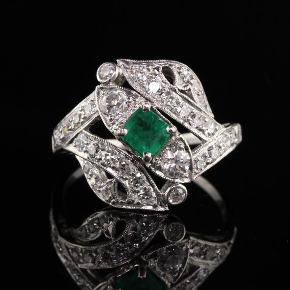 Antique Art Deco Platinum Emerald Old European Di… - image 3