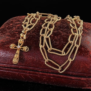 Antique Victorian 14k Yellow Gold Old Cut Diamond Cross Pendant Necklace