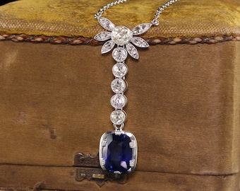 Antique Art Deco French Platinum Old Euro Diamond and Sapphire Drop Necklace