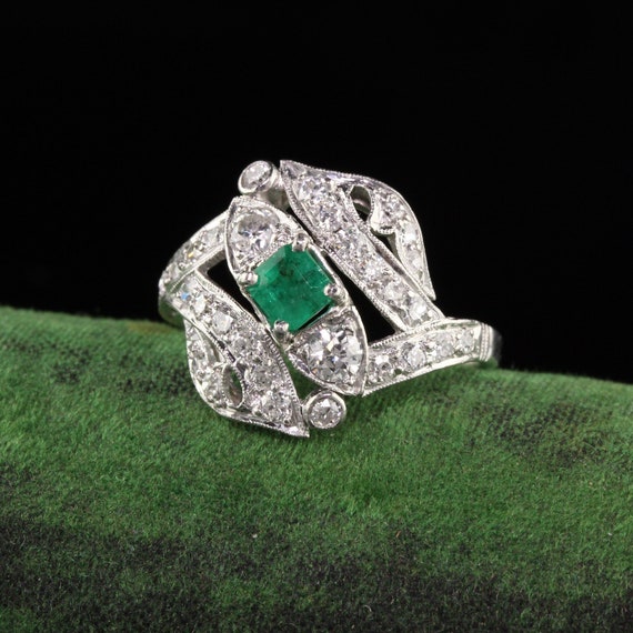 Antique Art Deco Platinum Emerald Old European Di… - image 1