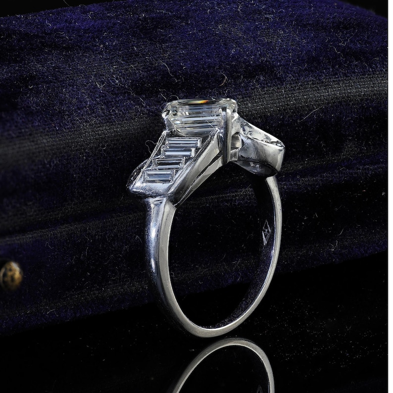 Vintage Retro Hartzberg Platinum Emerald Cut Diamond Ribbon Engagement Ring