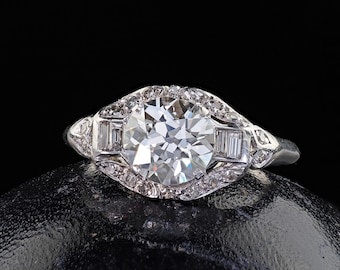 Anel de noivado antigo Art Déco Platinum com diamante europeu antigo Baguette - Gia