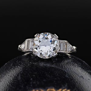 Antique Art Deco Platinum Old European Diamond Baguette Engagement Ring - Gia