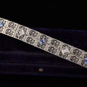 Antique Art Deco 14K White Gold Diamond and Sapphire Bracelet