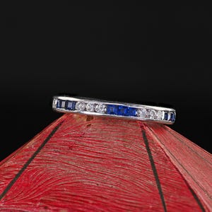 Vintage Retro Platin Diamant und Saphir Eternity Ehering - Größe 6 1/2