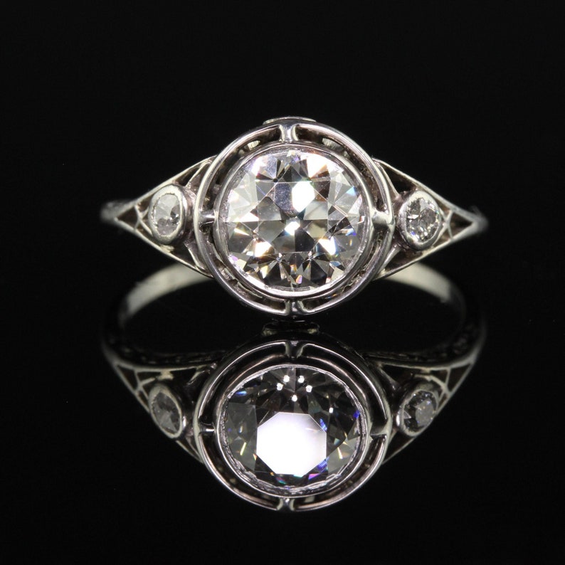 Antique Edwardian Platinum Old European Diamond Filigree Engagement Ring - Gia