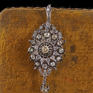 Antique Victorian Silver and 14k Gold Old Mine Diamond Pin and Pendant