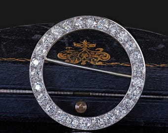 Antique Art Deco Platinum Old European Cut Diamond Circle Pin Brooch