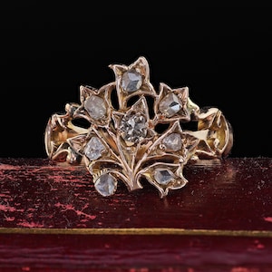 Antique Victorian 12k Rose Gold Old Cut Diamond Floral Cocktail Ring