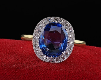 Anel de noivado eduardiano antigo em ouro amarelo 18k com safira e diamante sem aquecimento - Gia