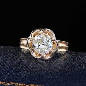 Vintage Estate 14k Yellow Gold Old Euro Cut Diamond Floral Engagement Ring - Gia
