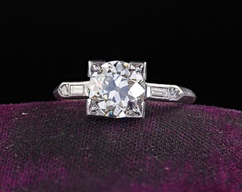 Anel de noivado antigo Art Déco Platinum com diamante europeu antigo Baguette - Gia