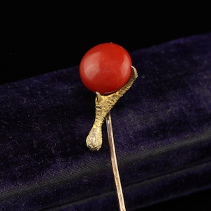 Antique Victorian 14k Yellow Gold Natural Coral Claw Stick Pin