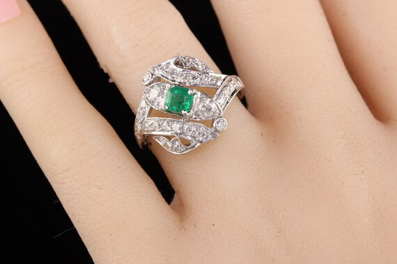 Antique Art Deco Platinum Emerald Old European Di… - image 6