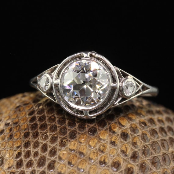 Antique Edwardian Platinum Old European Diamond Filigree Engagement Ring - Gia